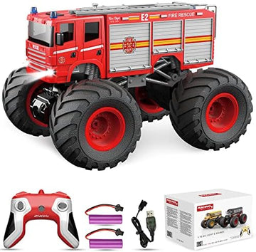 UNO1RC Remote Control Car, RC Fire Truck for Kids, Monster Truck Toy 2.4GHz 1:18 Scale 12KM/H Model Vehicle with LED Lights Sounds Racing Sport Toy Car for Adults Boys Girls Kids Gift 2Pcs Batteries