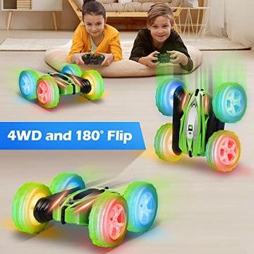 UNO1RC Remote Control Car, 360° Rotating RC Stunt Cars with Wheel lights and headlights,4WD 2.4Ghz Double-Sided Fast and Flips RC Cars for 6-12 Year Old Kids Xmas Toy Cars Gift for Boys Girls(Green)