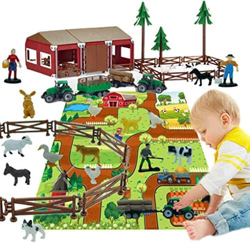 UNO1RC Farm Playset Mini Barn Farm Toys 119PCS Plastic Animals Figurines and Fence with Map Figures Farmer Vehicle Truck with Forestry Trailer for 3-12 Years Old Kids Boys Girls Toddlers