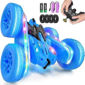 UNO1RC Remote Control Car,RC Cars with Sides Light Strip and Headlights,Double Sided 360 Flips Rotating RC Stunt Car,2.4Ghz All Terrain Toys for Ages 4-6 Kids Toy for Boys Girls Birthday Gift(Blue)