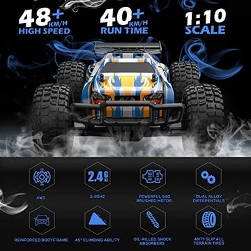 UNO1RC 1:10 Large High Speed Remote Control Car with LED Shell Lights, 48+ KM/H, 4WD Offroad Monster Truck for Adults & Kids, Hobby RC Truck Vehicle, 2 Battery Crawler Toy Gift for Boy