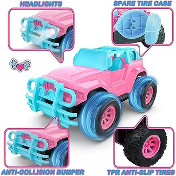 UNO1RC Control Car for Girls, Pink RC Cars with 2 Sets DIY Stickers, 1:20 Scale Remote Control Truck with LED Headlights, Girls Jeep Car Toys for 4 5 6 7 8 Years Old Toddlers Kids Birthday Gifts