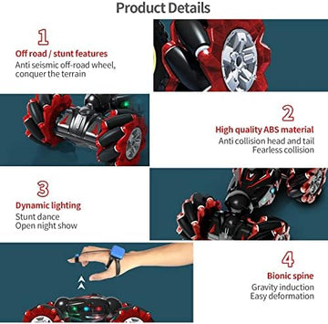 UNO1RC Red RC Stunt Car, 2.4GHz 4WD Remote Control Gesture Sensor Toy Cars, Double Sided Rotating Off Road Vehicle 360° Flips with Lights Music, Toy Cars for Boys & Girls Birthday