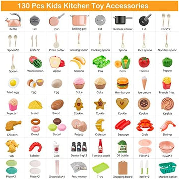 UNO1RC 130Pcs Kitchen Playset, Toddler Pretend Cooking Play Pots, Pans, Utensils Cookware, Daily Food Fruit Veges, Shopping Storage Basket, Dessert, Prop Money, Learning Gift for Child (Pink)