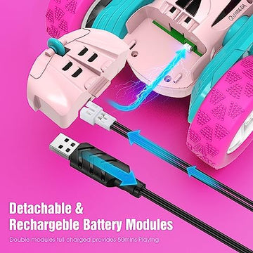 UNO1RC RC Cars, Pink Remote Control Car for Girls, 2.4 GHZ Double Sided RC Stunt Car 360° Rotating Remote Control Crawler with Headlights Car Toys for 6 7 8 9 10 11 12 Girls Birthday