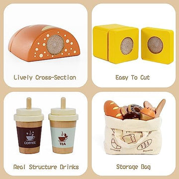 UNO1RC Wooden Bakery Toy Food Playset,Kids Pretend Play Food Kitchen Accessories with Shopping Bag,Toddlers Cutting Food Gift for Boys and Girls 3 Years and Up