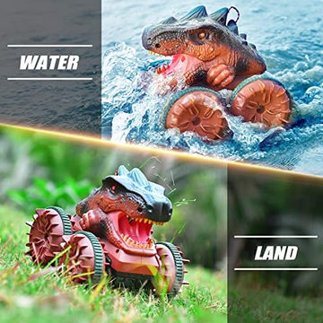 UNO1RC Dinosaur Monster Trucks for Boys 4-7, 2.4Ghz Amphibious Remote Control Car with Light & Spray Function,Waterproof RC Boat Summer Beach Pool Gift,Dinosaur Toys for 3 4 5 6 7 8 Year Old Boy Girl