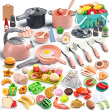 UNO1RC 130Pcs Kitchen Playset, Toddler Pretend Cooking Play Pots, Pans, Utensils Cookware, Daily Food Fruit Veges, Shopping Storage Basket, Dessert, Prop Money, Learning Gift for Child (Pink)