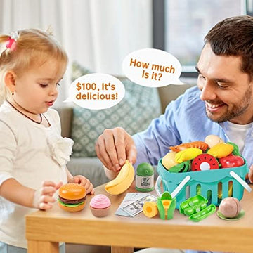 UNO1RC 130Pcs Kitchen Playset, Toddler Pretend Cooking Play Pots, Pans, Utensils Cookware, Daily Food Fruit Veges, Shopping Storage Basket, Dessert, Prop Money, Learning Gift for Child (Pink)