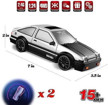 UNO1RC PLAN RC Cars Remote Control Car, 1/24 2.4GHz 4WD Drift Car High Speed RC Cars Racing Cars with Cool Lights, Two Rechargeable Batteries and Extra Tires Birthday Gifts Toy Car for Kids Boys Adults