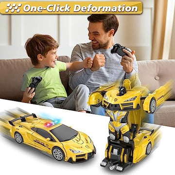 UNO1RC Remote Control Car, Transform Robot RC Cars, 2.4Ghz Transforming Police Car Toy with LED Light, One-Button Deformation & Rotating Drifting, Toys for 5+ Year Boys/Girls