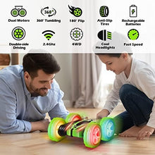 UNO1RC Remote Control Car, 360° Rotating RC Stunt Cars with Wheel lights and headlights,4WD 2.4Ghz Double-Sided Fast and Flips RC Cars for 6-12 Year Old Kids Xmas Toy Cars Gift for Boys Girls(Green)