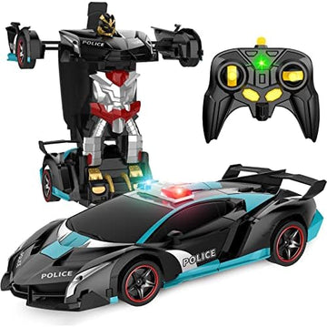 UNO1RC Remote Control Car, 2.4Ghz Transform RC Cars, 1:18 Scale Police Car Toy with Flashing Light, One Button Transformation,360 Degree Rotating Drifting Toys for Boys Age 4-7