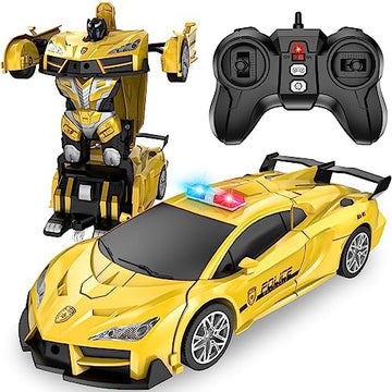 UNO1RC Remote Control Car, Transform Robot RC Cars, 2.4Ghz Transforming Police Car Toy with LED Light, One-Button Deformation & Rotating Drifting, Toys for 5+ Year Boys/Girls