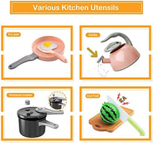 UNO1RC 130Pcs Kitchen Playset, Toddler Pretend Cooking Play Pots, Pans, Utensils Cookware, Daily Food Fruit Veges, Shopping Storage Basket, Dessert, Prop Money, Learning Gift for Child (Pink)
