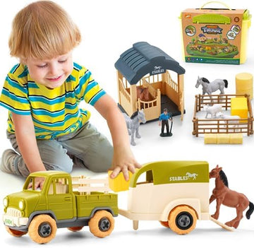 UNO1RC Toys Play Vehicles Playset, DIY Take-Apart Truck, Trailer, Farm Animals, Horse, Lamb Figurines, Screwdriver - STEM Educational Learning Tractor Toy Play Set for Age 3-12 Years Old Kids Toddlers