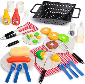 UNO1RC 34 PCS Cooking Toy Set, Kitchen Toy Set, Toy BBQ Grill Set, Little Chef Play, Kids Grill Playset Interactive BBQ Toy Set for Kids