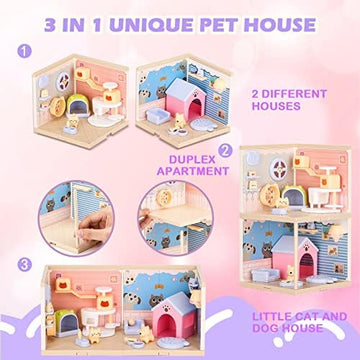 UNO1RC Cat and Dog Pretend Playset for Kids, 50Pcs Interactive Pet Figurines Toys, Toddlers Stem Building Dollhouse Montessori Toy, Care House Educational Role Play Gifts Boys Girls