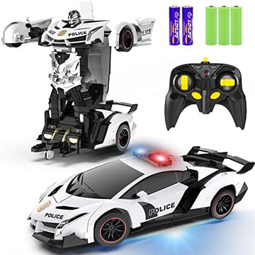 UNO1RC Remote Control Car - Transform Car Robot, One Button Deformation to Robot with Flashing Lights, 2.4Ghz 1:18 Scale Transforming Police Car Toy with 360 Degree Rotating Drifting for Boys and Girls