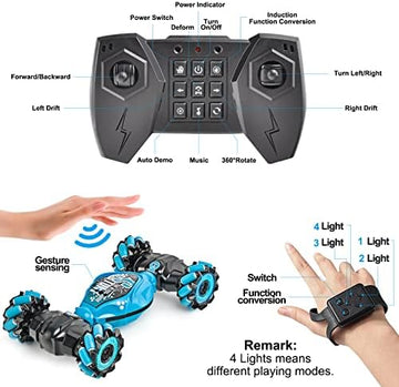 UNO1RC KAIBO Remote Control Car, 2.4G 4WD Gesture RC Car, All Terrains Double Sides Rotating Hand Controlled RC Cars, Hand Gesture RC Truck with 2 Batteries, RC Cars for Boys and Girls with Light Music