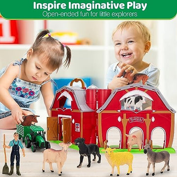 UNO1RC Animals Toys for 1 2 3 Year Old Toddlers Girls Boys, Big Red Barn Farm with Figures Animals Toy and Tractor Toys for Kids, Farm Playset Educational Learning Toys, Ideal Christmas Birthday Gifts
