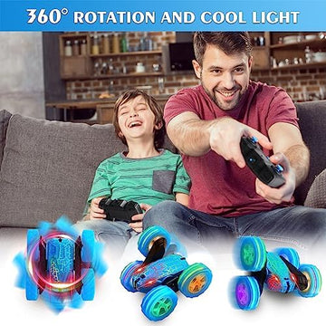 UNO1RC Remote Control Car, 360° Rotating RC cars with Wheel Light and Body crack light, Fast and Flips 4WD Double-Sided RC Stunt Cars For 6-12 years old Kids Xmas Toy Cars Gift for Boys Girls(Blue)