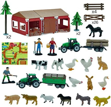 UNO1RC Farm Playset Mini Barn Farm Toys 119PCS Plastic Animals Figurines and Fence with Map Figures Farmer Vehicle Truck with Forestry Trailer for 3-12 Years Old Kids Boys Girls Toddlers