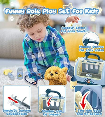 UNO1RC Pet Care Playset Robot Dog Toys for Kids, 12Pcs Kids Vet Playset Toys Veterinarian Kit Doctor Kit & Interactive Electric Dog Plush & Cage Pretend Play Gifts for Girls Toddlers 3 4 5 6 7 Year Old