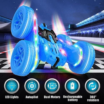 UNO1RC Remote Control Car,RC Cars with Sides Light Strip and Headlights,Double Sided 360 Flips Rotating RC Stunt Car,2.4Ghz All Terrain Toys for Ages 4-6 Kids Toy for Boys Girls Birthday Gift(Blue)