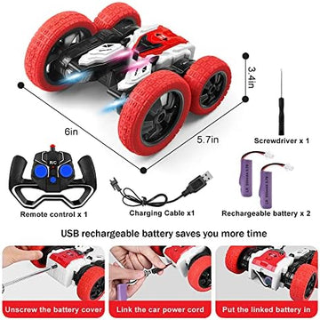 UNO1RC Stunt Car for Kids - OWNONE Double Side Remote Control Car for Boys, 360°Flips Rotating Stunt Car with LED Lights, 4WD 2.4Ghz Rechargeable Stunt Remote Control Car Toy (Red)