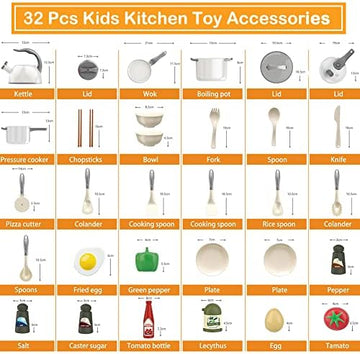 UNO1RC 32Pcs Kids Play Kitchen Toys Set, Toddlers Pretend Cooking Playset Acccessories with Pots Pans, Utensils Cookware, Foods, Canned Veges, Learning Gift for Kids Girls Boys (White)