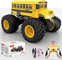 UNO1RC Control Monster Truck - 1:18 Scale RC Fire Truck, 2.4GHz Big Wheel School Bus with Lights, Sounds, Rechargeable Electric Toy Stunt Jam Car for Kids, Boys, Girls (School Bus)