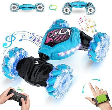 UNO1RC Remote Control Car,2.4GHz LED Gesture Sensing RC Stunt Car,4WD Double Sided Rotation RC Car with Lights and Music,All Terrain Rotation Drift Car Birthday Gifts for Boys Girls (Blue)