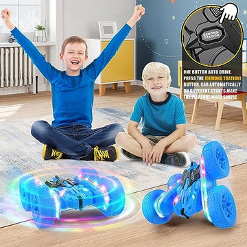 UNO1RC Remote Control Car,RC Cars with Sides Light Strip and Headlights,Double Sided 360 Flips Rotating RC Stunt Car,2.4Ghz All Terrain Toys for Ages 4-6 Kids Toy for Boys Girls Birthday Gift(Blue)