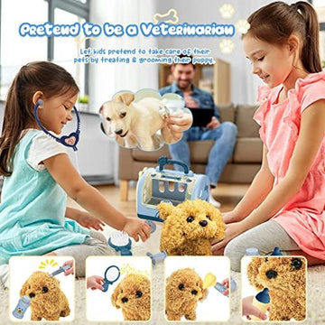 UNO1RC Pet Care Playset Robot Dog Toys for Kids, 12Pcs Kids Vet Playset Toys Veterinarian Kit Doctor Kit & Interactive Electric Dog Plush & Cage Pretend Play Gifts for Girls Toddlers 3 4 5 6 7 Year Old