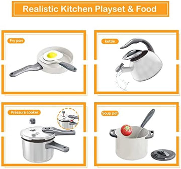 UNO1RC 32Pcs Kids Play Kitchen Toys Set, Toddlers Pretend Cooking Playset Acccessories with Pots Pans, Utensils Cookware, Foods, Canned Veges, Learning Gift for Kids Girls Boys (White)