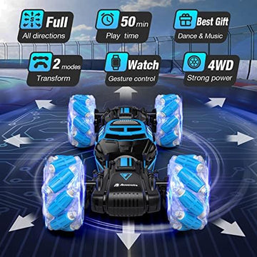 UNO1RC RC Stunt Car Toys for 6-12 Year Old Kids - Big Size 4WD Remote Control Car - Gesture Sensor - Double Sided Rotating RC Car - Lights, Music - Perfect for Boys & Girls' Birthday