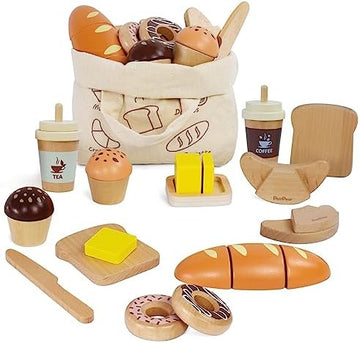 UNO1RC Wooden Bakery Toy Food Playset,Kids Pretend Play Food Kitchen Accessories with Shopping Bag,Toddlers Cutting Food Gift for Boys and Girls 3 Years and Up