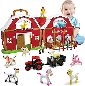 UNO1RC Red Barn Farm Figures Animals Toys for Toddlers, Cute Farm Figurines, Fence and Farmer Vehicle Toy Truck Pretend Farm Playset for 3+ Years Old Kids Girls Boys Educational Learning Toys