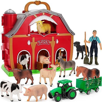UNO1RC Animals Toys for 1 2 3 Year Old Toddlers Girls Boys, Big Red Barn Farm with Figures Animals Toy and Tractor Toys for Kids, Farm Playset Educational Learning Toys, Ideal Christmas Birthday Gifts