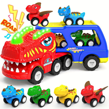 Toys For Boys Girls, 5 In 1 Toy Trucks For Boys With 4 Dinosaur Toy Cars For Toddlers Friction Powered Kids Boy Toys Dinosaur Truck Toys Gifts With Flashing Light & Sound