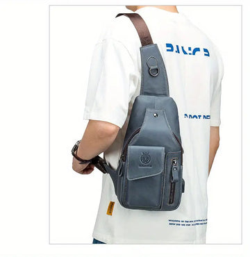 SCHLATUM Men's Vintage Genuine Leather Shoulder Bag Crossbody Bag, Outdoor Sports Travel Crossbody Bag With Earphone Hole