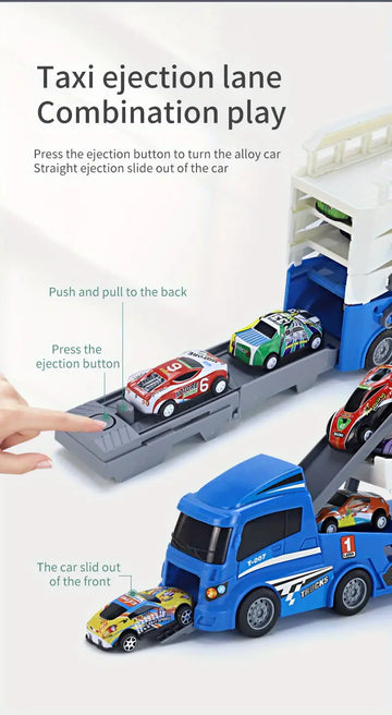 Ejection Mini Slide Alloy Container Car Engineering Car Multi-layer Can Receive Blue Racing Car With 6pcs Small Alloy Car Can Launch Car Inertia Pull-back Baby Birthday Gift Toys
