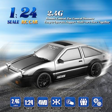 UNO1RC PLAN RC Cars Remote Control Car, 1/24 2.4GHz 4WD Drift Car High Speed RC Cars Racing Cars with Cool Lights, Two Rechargeable Batteries and Extra Tires Birthday Gifts Toy Car for Kids Boys Adults