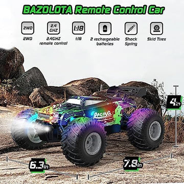 UNO1RC RC Car, 1:18 Scale All Terrain RC Truck, 2WD 20Km/h Remote Control Car, Remote Control Truck with LedLight and Two Rechargeable Batteries, Monster Truck Off Road Racing Car for Kid and Adult