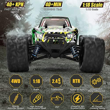 UNO1RC 1:18 Scale 2.4Ghz All-Terrain RC Cars, 40KM/H High Speed 4WD Remote Control Car for Adults Kids, Waterproof Off -Road RC Monster Trucks with 2 Batteries for 40Min Play, RC Toys Gifts for Boys