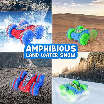 UNO1RC 2 Pack Amphibious Remote Control Cars for Boys 5-12, 4WD 2.4GHz Waterproof RC Stunt Car for Kids, Rotating 360° Off Road All Terrain RC Vehicle Water Beach Pool Toy