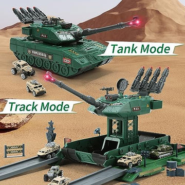 UNO1RC STONE 2-in-1 Army Tank Toys, Military Vehicles Playset with Rotating Turret, Catapult Track, Realistic Sound & Light for Boys 3-7 Years