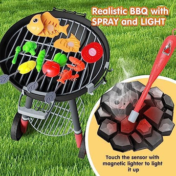 UNO1RC 68PCS Toy BBQ Grill Set,Kitchen Toy Set,Barbecue Kitchen Cooking Playset with Realistic Spray,Light&Sound,Kids Grill Playset Interactive BBQ Toy Set for Kids