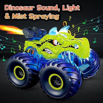 UNO1RC Remote Control Car, 2.4GHz Monster Trucks for Boys Girls with Light, Sound & Spray, Dinosaur Toys Gift for Kids 3 4 5 6 7 8, All Terrain RC Cars for Toddlers with 2 Batteries